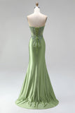 Green Corset V-Neck Rhinestone Sheer Satin Ruched Beaded Long Prom Dress with Slit