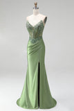 Green Corset Mermaid V-Neck Rhinestone Sheer Satin Ruched Beaded Long Prom Dress with Slit