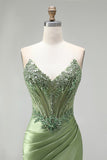 Green Corset V-Neck Rhinestone Sheer Satin Ruched Beaded Long Prom Dress with Slit