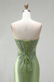 Green Corset V-Neck Rhinestone Sheer Satin Ruched Beaded Long Prom Dress with Slit