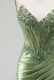 Green Corset V-Neck Rhinestone Sheer Satin Ruched Beaded Long Prom Dress with Slit