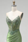 Green Corset Mermaid V-Neck Rhinestone Sheer Satin Ruched Beaded Long Prom Dress with Slit