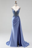 Dusty Blue Rhinestones Appliques Mermaid Satin V-Neck Ruched Sequins Long Prom Dress with Slit