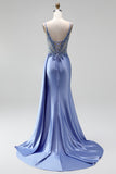 Dusty Blue Rhinestones Appliques Mermaid Satin V-Neck Ruched Sequins Long Prom Dress with Slit