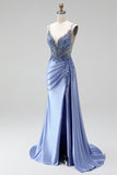Dusty Blue Rhinestones Appliques Mermaid Satin V-Neck Ruched Sequins Long Prom Dress with Slit