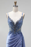 Dusty Blue Rhinestones Appliques Mermaid Satin V-Neck Ruched Sequins Long Prom Dress with Slit