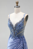 Dusty Blue Rhinestones Appliques Mermaid Satin V-Neck Ruched Sequins Long Prom Dress with Slit