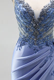 Dusty Blue Rhinestones Appliques Mermaid Satin V-Neck Ruched Sequins Long Prom Dress with Slit