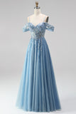 Glitter Dusty Blue Cold Shoulder A-Line Corset Sheer Sequins Long Prom Dress with Appliques