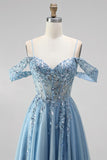 Glitter Dusty Blue Cold Shoulder A-Line Corset Sheer Sequins Long Prom Dress with Appliques
