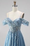 Glitter Dusty Blue Cold Shoulder A-Line Corset Sheer Sequins Long Prom Dress with Appliques