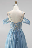Glitter Dusty Blue Cold Shoulder A-Line Corset Sheer Sequins Long Prom Dress with Appliques