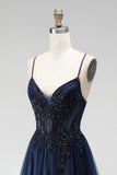 Glitter Navy A-Line Corset Tulle Sequins Appliques Spaghetti Straps Long Prom Dress