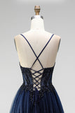 Glitter Navy A-Line Corset Tulle Sequins Appliques Spaghetti Straps Long Prom Dress