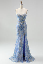 Blue Strapless Sequins Beaded Mermaid Long Prom Dress with Slit