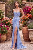 Blue Strapless Sequins Beaded Mermaid Long Prom Dress with Slit