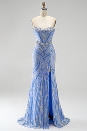 Blue Strapless Sequins Beaded Mermaid Long Prom Dress with Slit