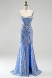 Blue Strapless Sequins Beaded Mermaid Long Prom Dress with Slit