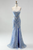 Blue Strapless Sequins Beaded Mermaid Long Prom Dress with Slit