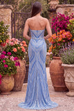 Blue Strapless Sequins Beaded Mermaid Long Prom Dress with Slit