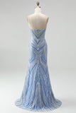 Blue Strapless Sequins Beaded Mermaid Long Prom Dress with Slit