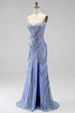 Blue Strapless Sequins Beaded Mermaid Long Prom Dress with Slit