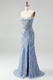 Blue Strapless Sequins Beaded Mermaid Long Prom Dress with Slit