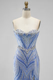 Blue Strapless Sequins Beaded Mermaid Long Prom Dress with Slit