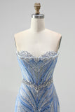 Blue Strapless Sequins Beaded Mermaid Long Prom Dress with Slit