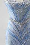 Blue Strapless Sequins Beaded Mermaid Long Prom Dress with Slit