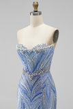Blue Strapless Sequins Beaded Mermaid Long Prom Dress with Slit