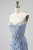 Blue Strapless Sequins Beaded Mermaid Long Prom Dress with Slit