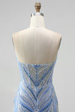 Blue Strapless Sequins Beaded Mermaid Long Prom Dress with Slit