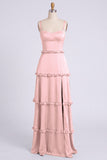 Dusty Sage A-Line Sweetheart Tiered Chiffon Long Bridesmaid Dress with Slit