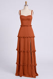 Dusty Sage A-Line Sweetheart Tiered Chiffon Long Bridesmaid Dress with Slit