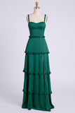 Dusty Sage A-Line Sweetheart Tiered Chiffon Long Bridesmaid Dress with Slit