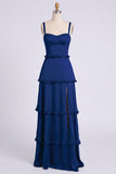 Dusty Sage A-Line Sweetheart Tiered Chiffon Long Bridesmaid Dress with Slit