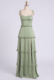 Dusty Sage A-Line Sweetheart Tiered Chiffon Long Bridesmaid Dress with Slit