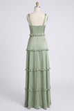 Dusty Sage A-Line Sweetheart Tiered Chiffon Long Bridesmaid Dress with Slit