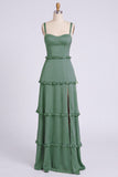 Dusty Sage A-Line Sweetheart Tiered Chiffon Long Bridesmaid Dress with Slit