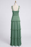 Dusty Sage A-Line Sweetheart Tiered Chiffon Long Bridesmaid Dress with Slit