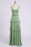 Dusty Sage A-Line Sweetheart Tiered Chiffon Long Bridesmaid Dress with Slit