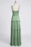 Dusty Sage A-Line Sweetheart Tiered Chiffon Long Bridesmaid Dress with Slit