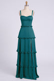Dusty Sage A-Line Sweetheart Tiered Chiffon Long Bridesmaid Dress with Slit