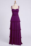 Dusty Sage A-Line Sweetheart Tiered Chiffon Long Bridesmaid Dress with Slit