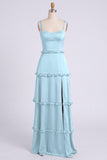 Dusty Sage A-Line Sweetheart Tiered Chiffon Long Bridesmaid Dress with Slit