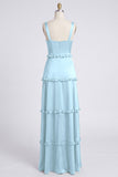 Dusty Sage A-Line Sweetheart Tiered Chiffon Long Bridesmaid Dress with Slit