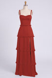 Dusty Sage A-Line Sweetheart Tiered Chiffon Long Bridesmaid Dress with Slit
