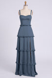 Dusty Sage A-Line Sweetheart Tiered Chiffon Long Bridesmaid Dress with Slit