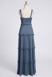 Dusty Sage A-Line Sweetheart Tiered Chiffon Long Bridesmaid Dress with Slit